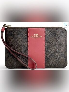 Coach Brown Signature Wristlet with Burgundy Accent
